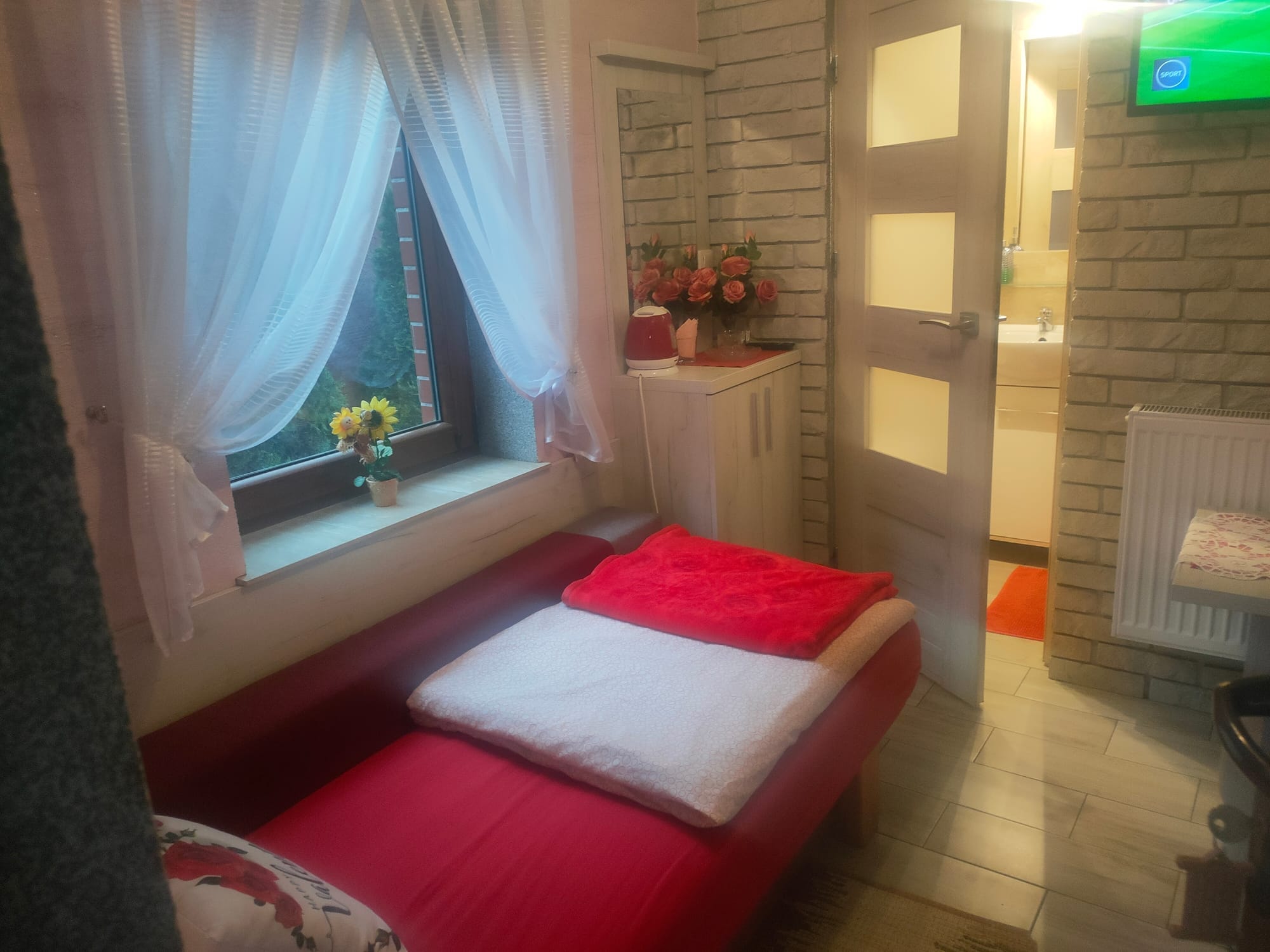 Pokój jednoosobowy w Klinkierowej Komnacie w Gnieźnie z klinkierową ścianą